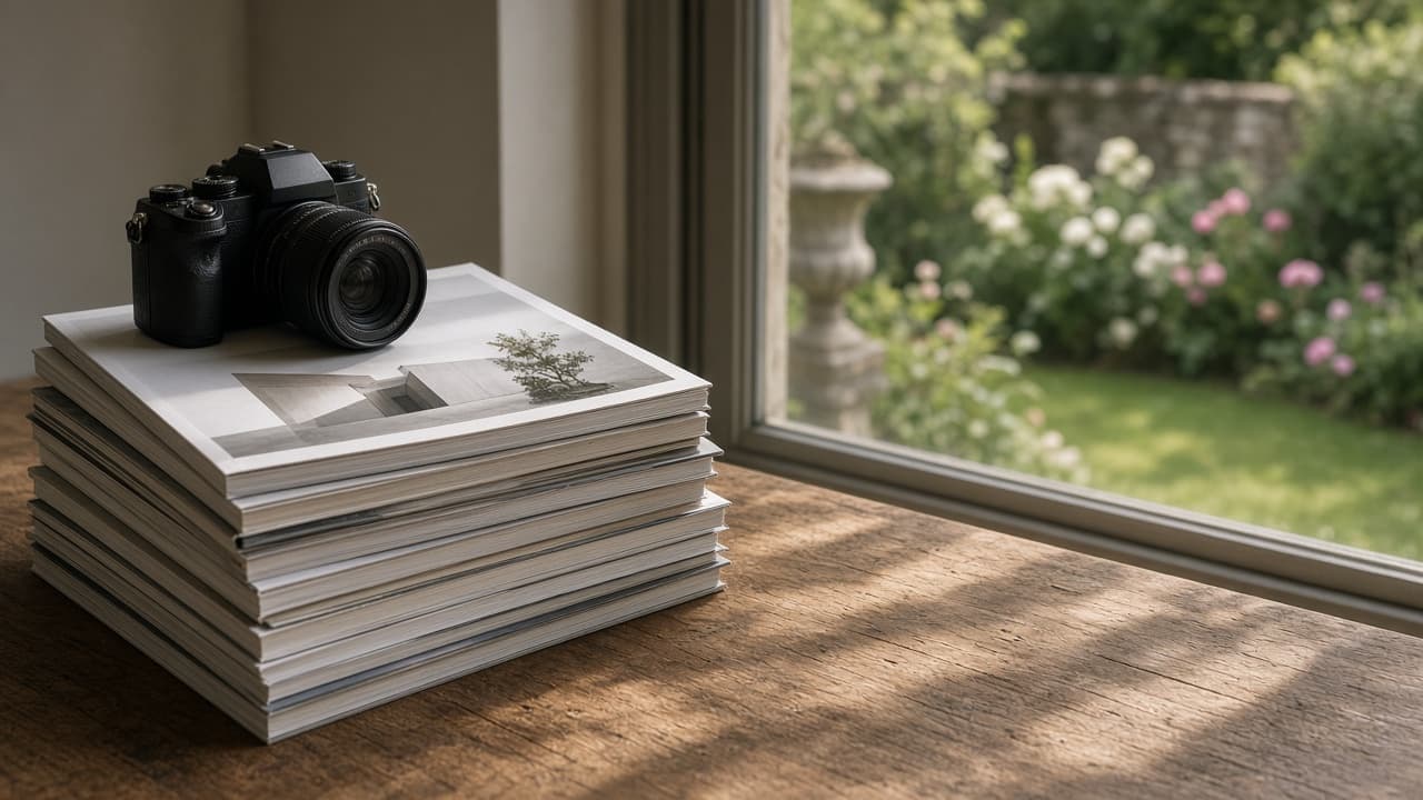 Editorial workspace with architecture magazines