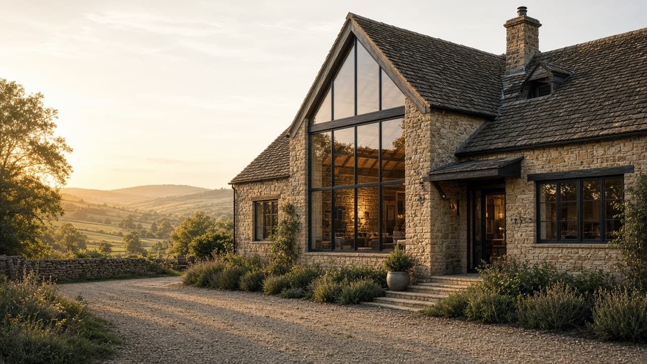 A completed barn conversion glowing at golden hour in the English countryside