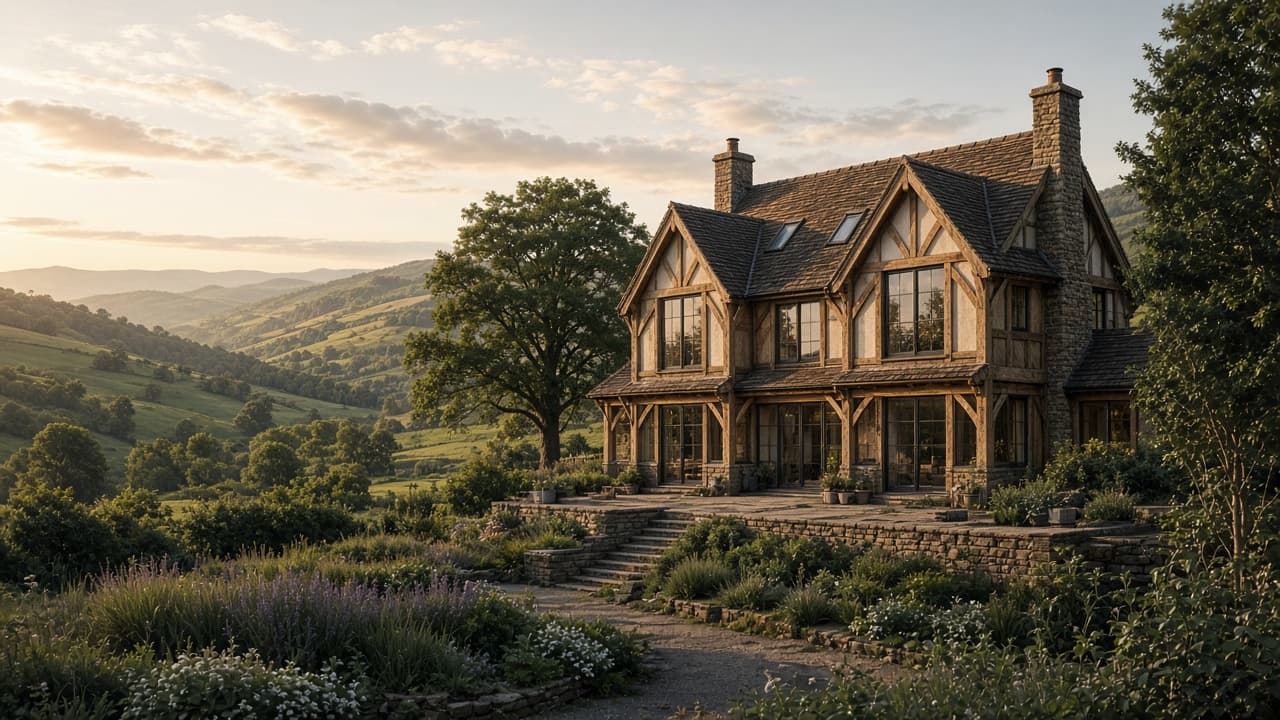 Finished oak-frame self-build in rolling English hills