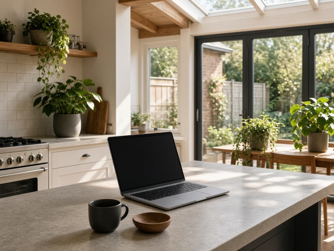 Laptop on a kitchen island in a modern extension