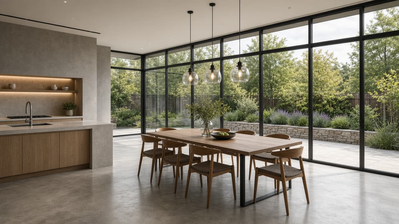 Modern kitchen-diner in a completed glass extension