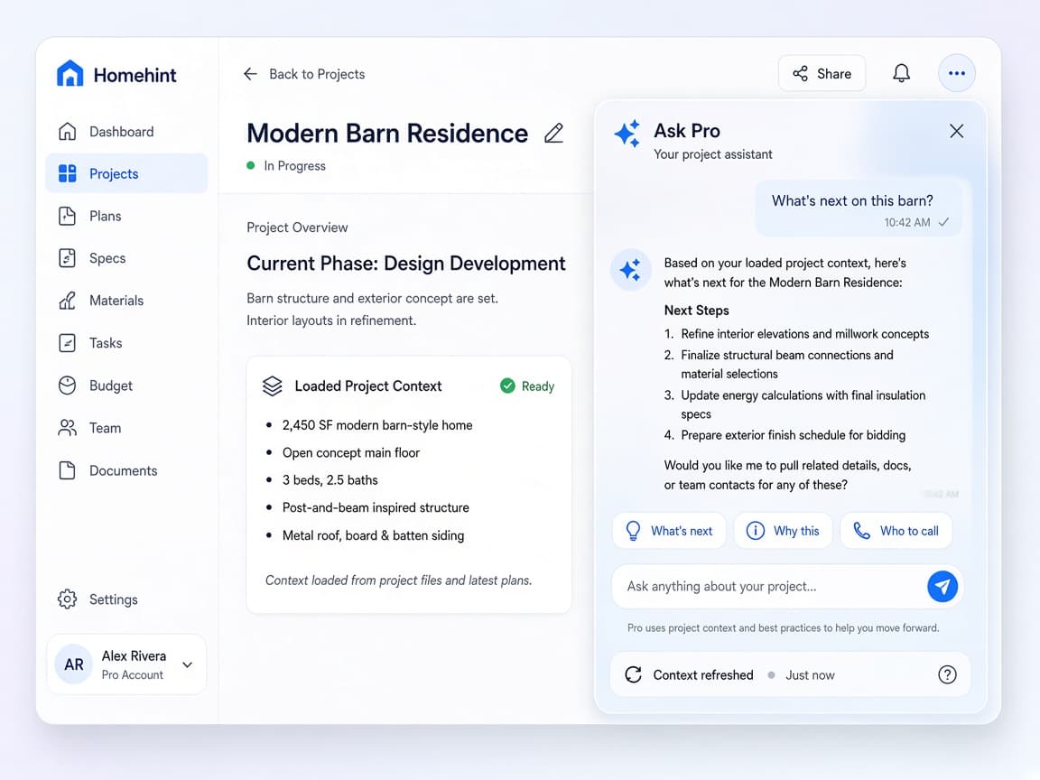 Homehint Ask assistant panel answering from the loaded project