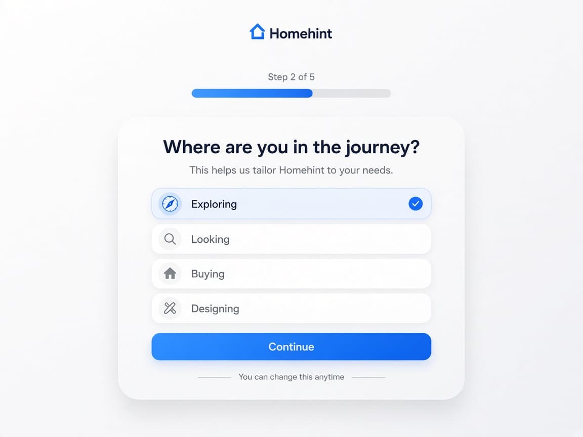 Homehint guided onboarding asking where you are in the journey